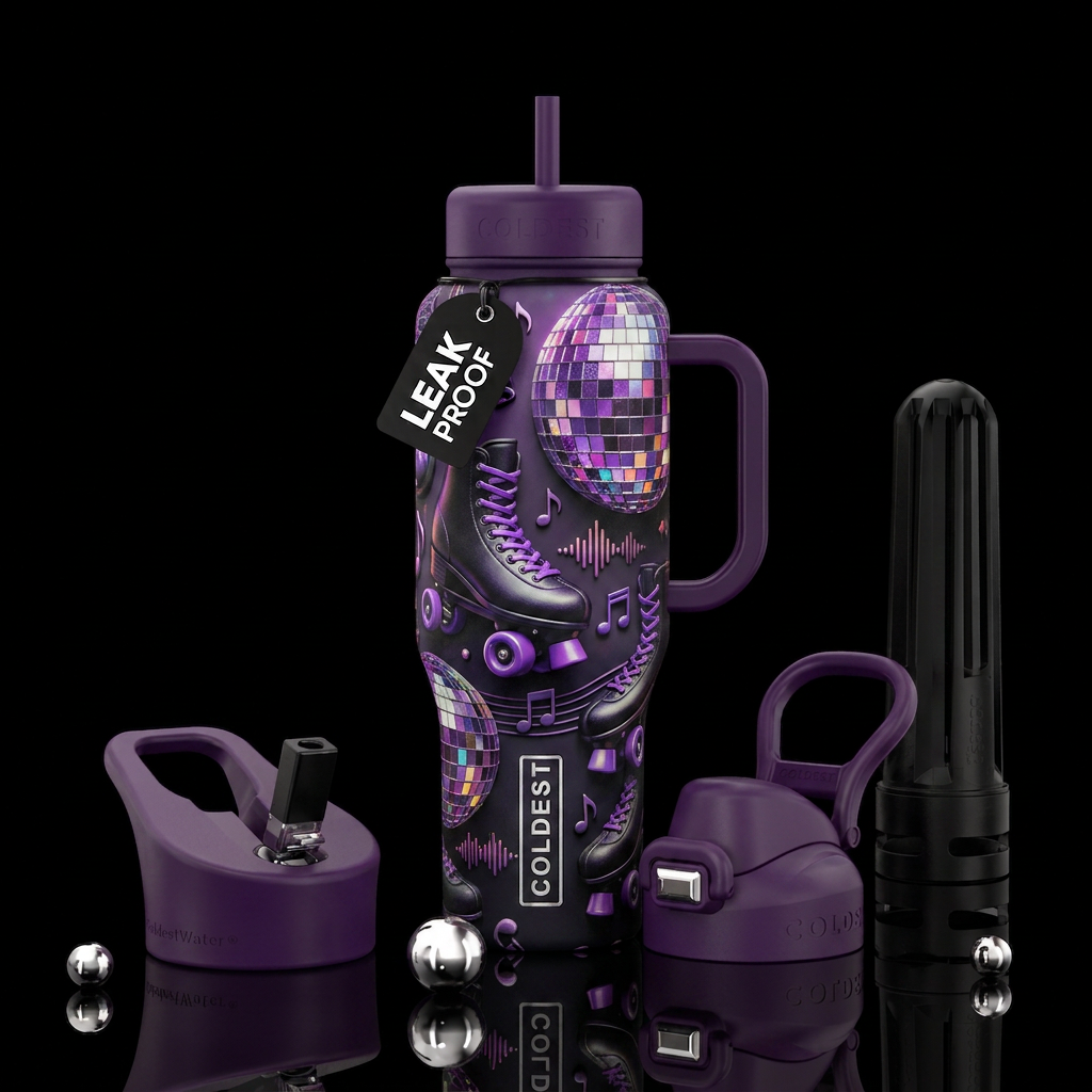 Black roller skates with purple laces disco ball a... water bottle design