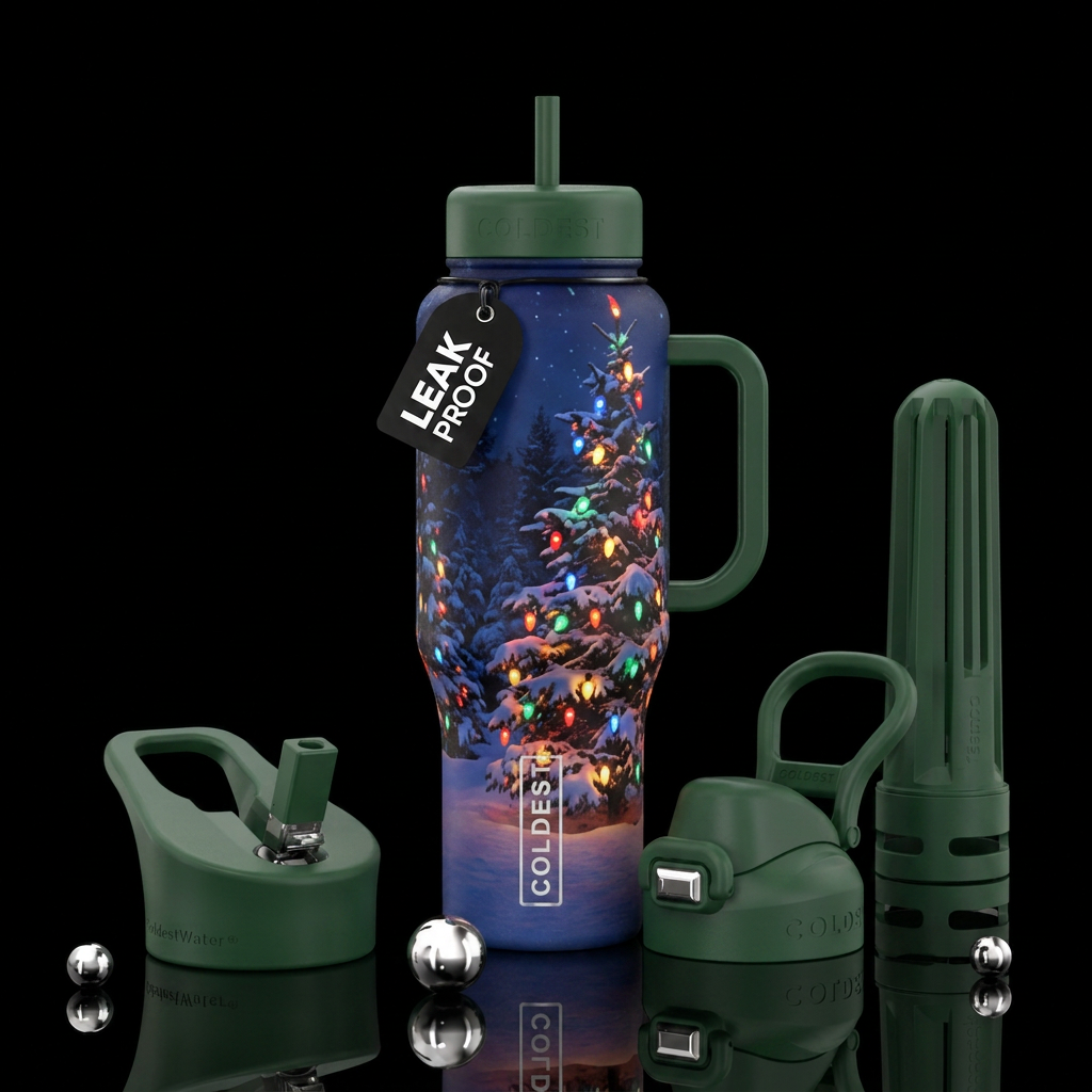 Snowy landscape with snow covered evergreen trees ... water bottle design