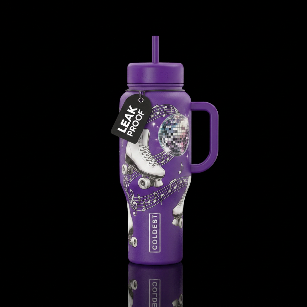 One pair of white skates with music, disco ball, a... water bottle design