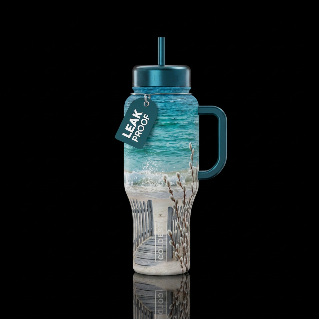 Beach with water, small waves, sand, small weather... water bottle design