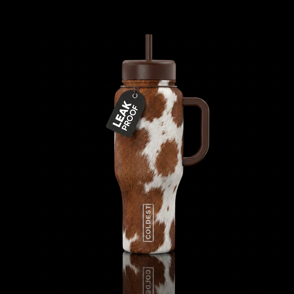 Brown and white cow skin covering the entire bottl... water bottle design