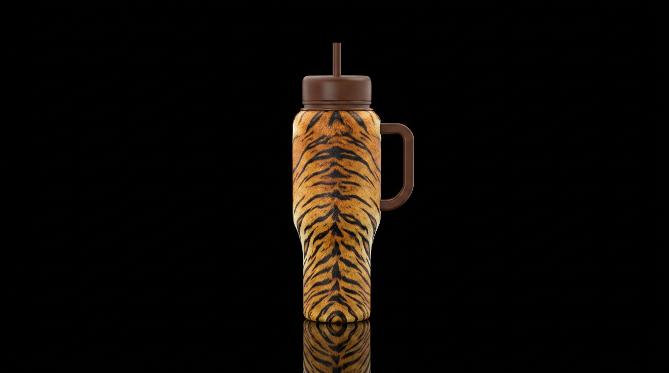 Entire bottle. Is a tiger print with brown handle water bottle design