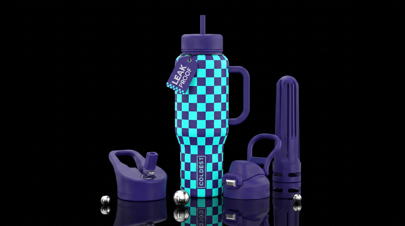 Electric Purple Checkers water bottle design