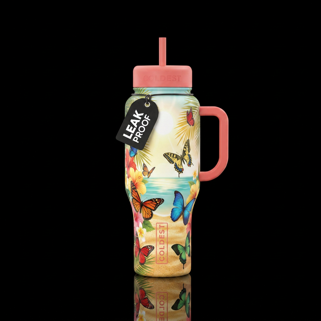 Butterfly beach day water bottle design