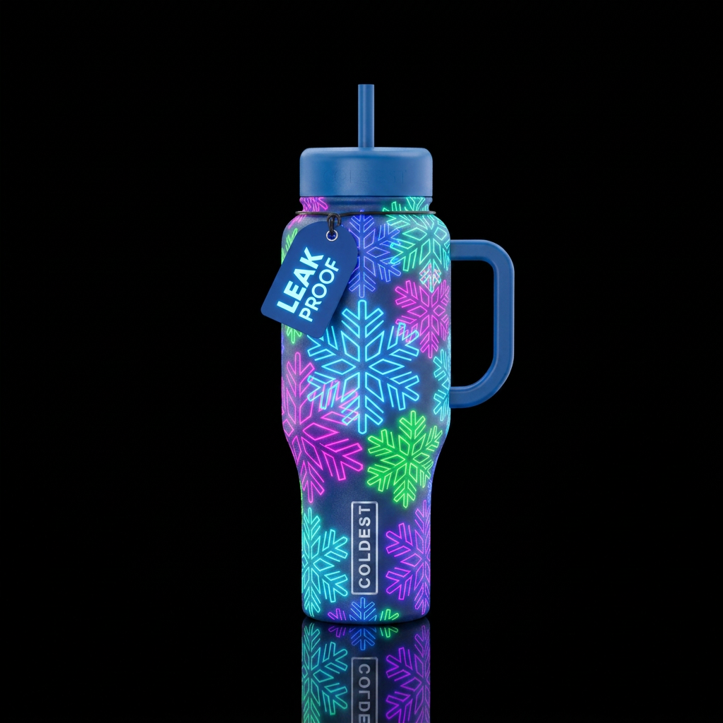 neon winter snowflakes water bottle design
