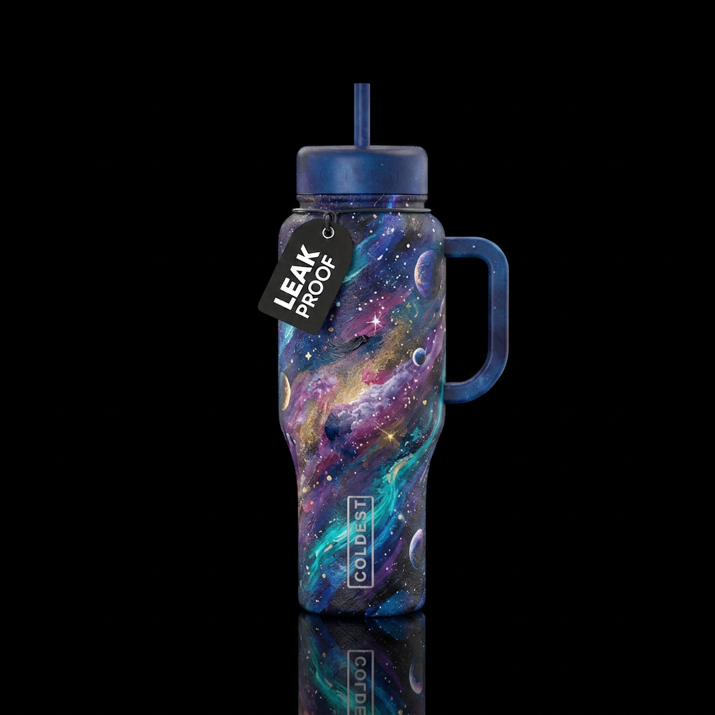 Finger painted galaxy water bottle design