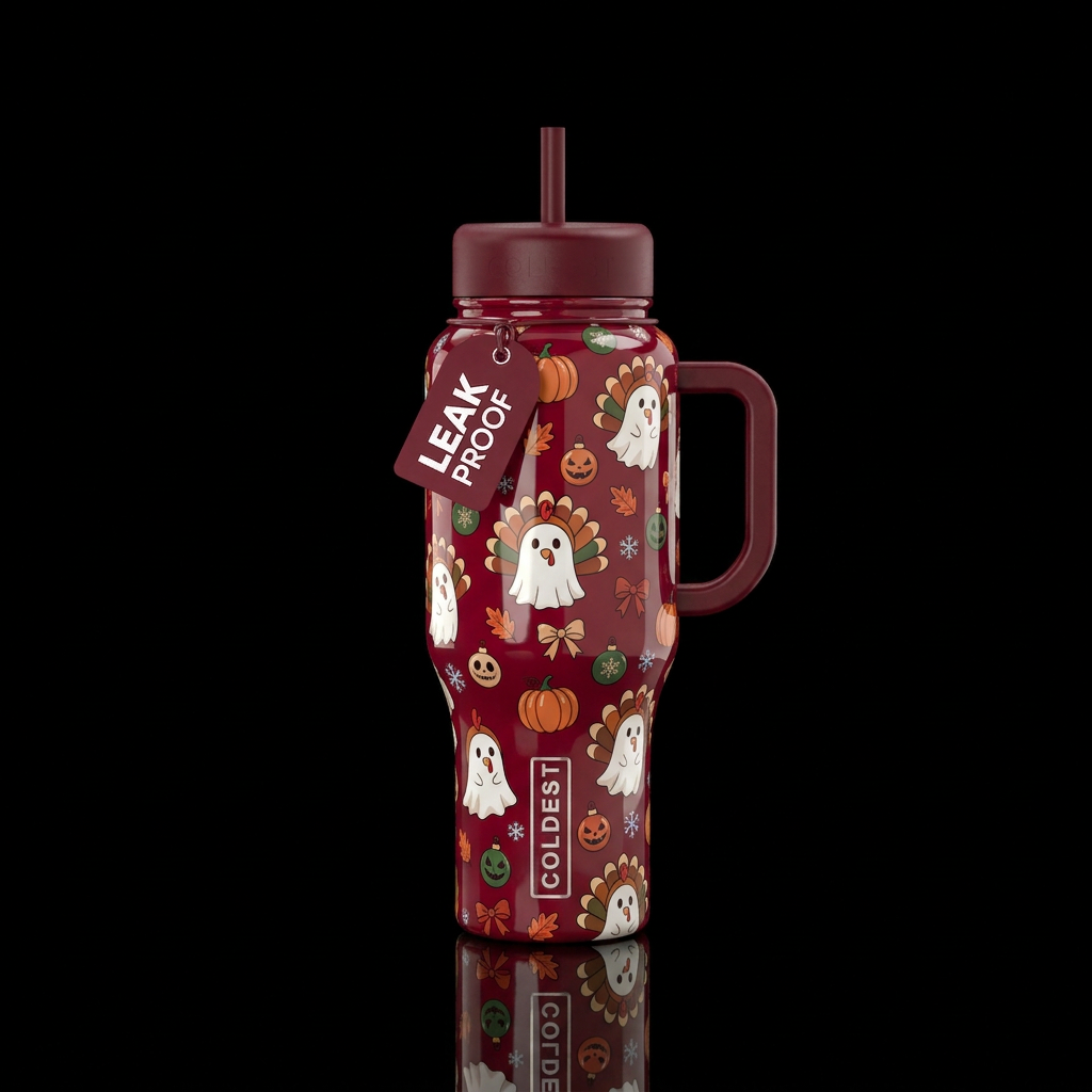 Merry Hallowthanksmas water bottle design