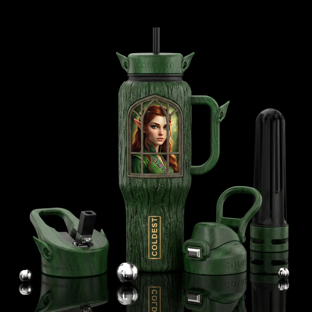 Elf looking outside the bottle as if looking throu... water bottle design