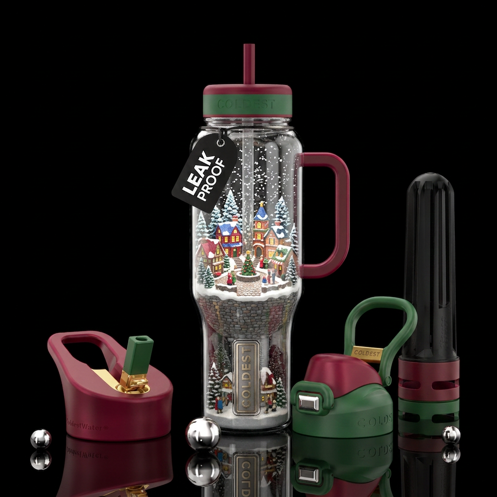snow globe with a village with the bottle as the g... water bottle design