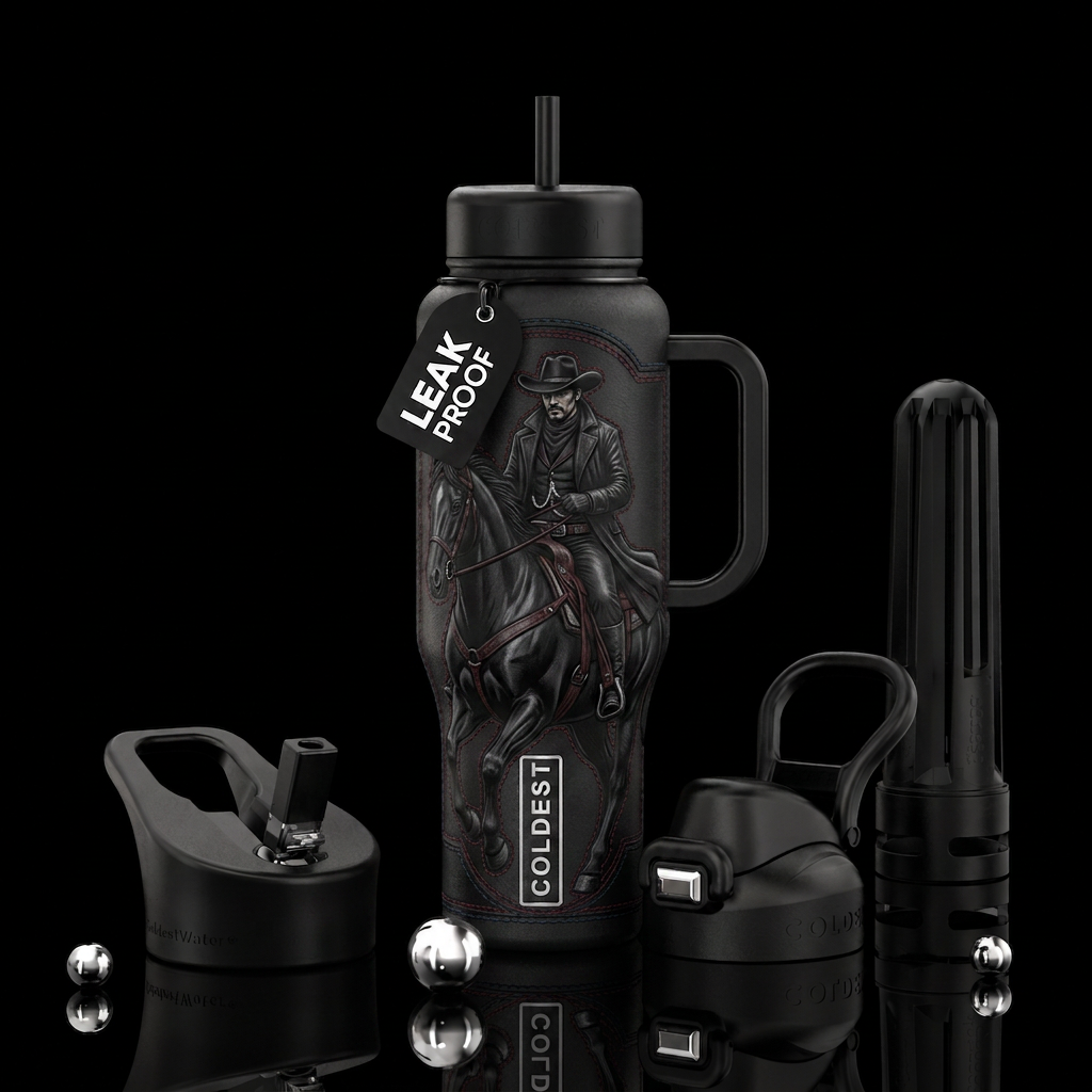 Cowboy gambler in black relaxed riding his horse. water bottle design