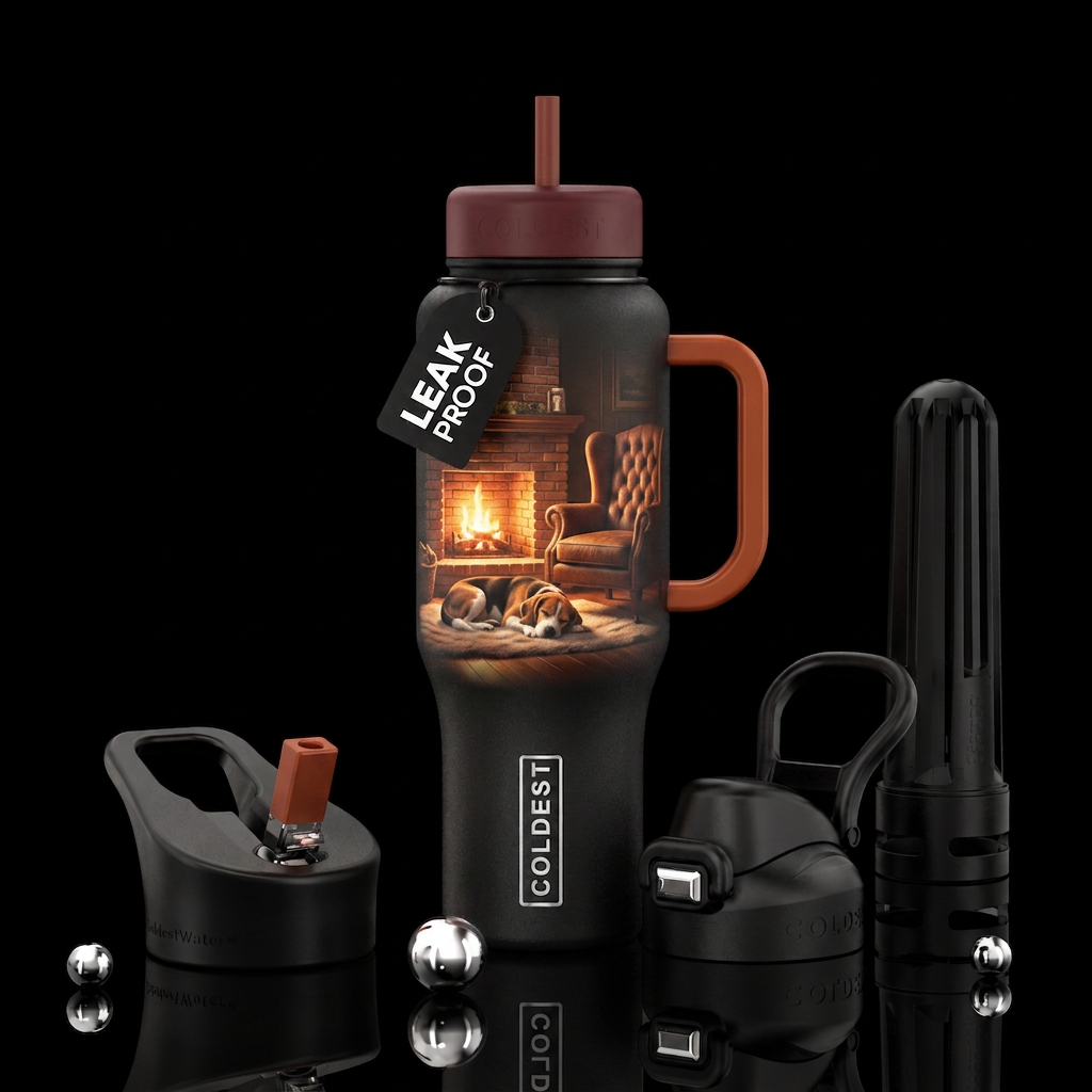 Dog sleeping in front of a fireplace, next to a wi... water bottle design