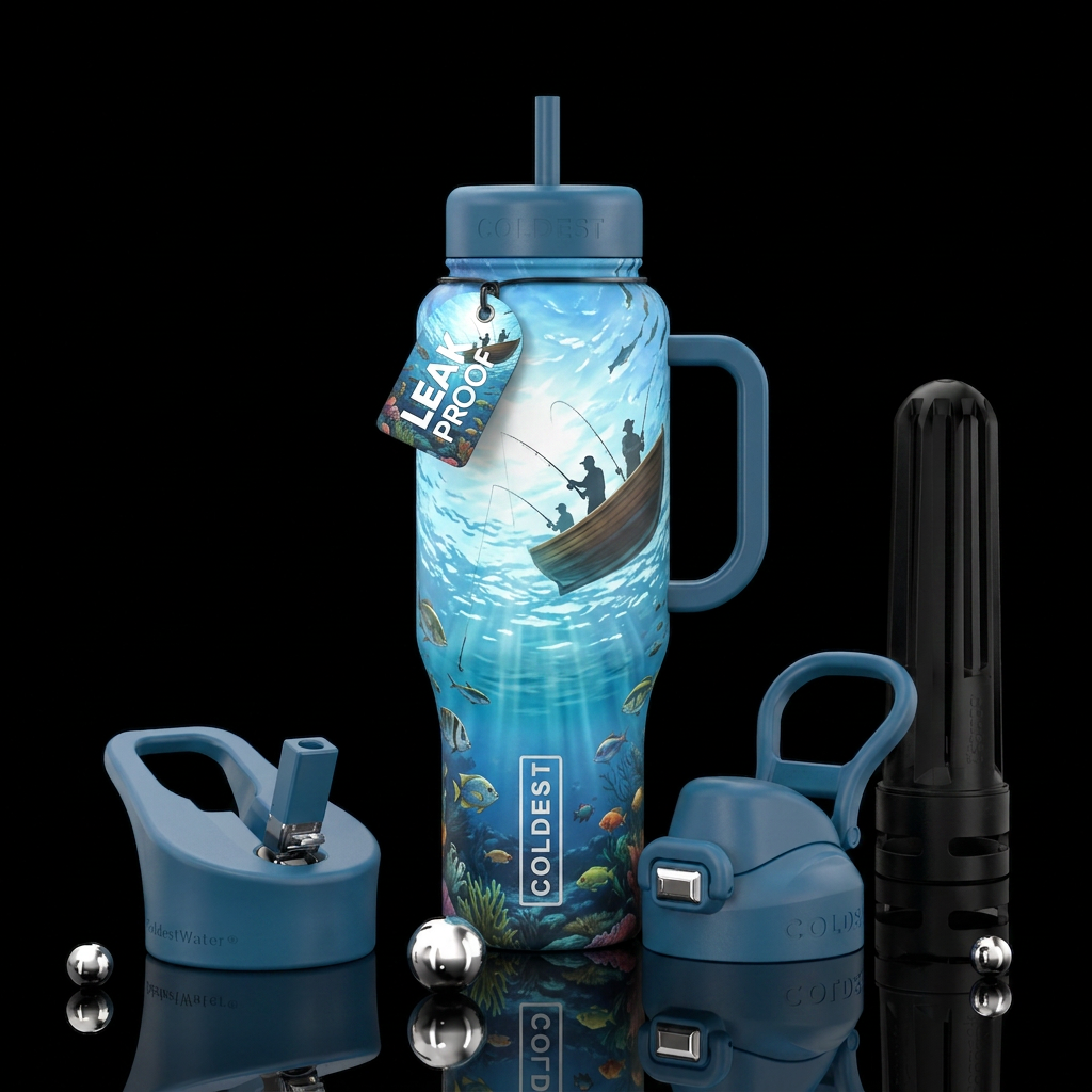 looking up through the water at fishermen water bottle design