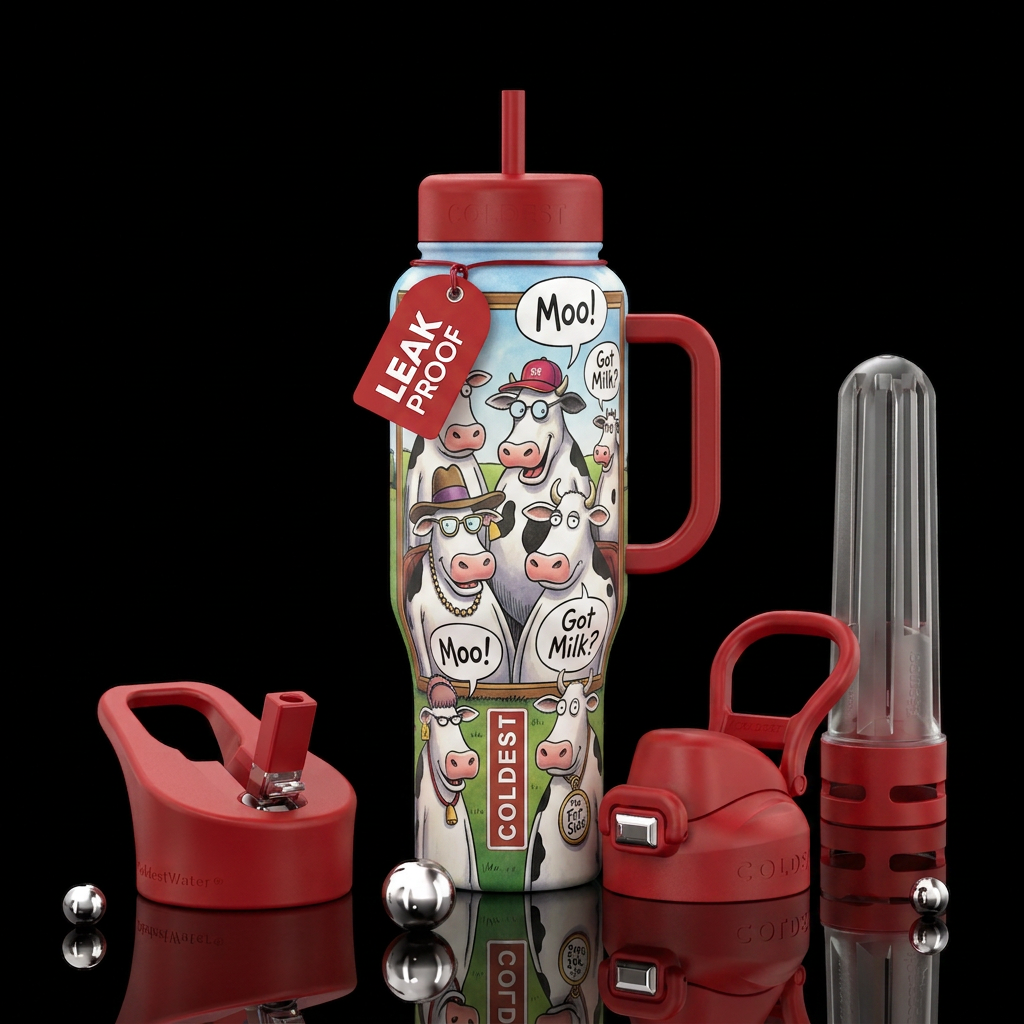 Family portrait of cows, in the style of The Far S... water bottle design
