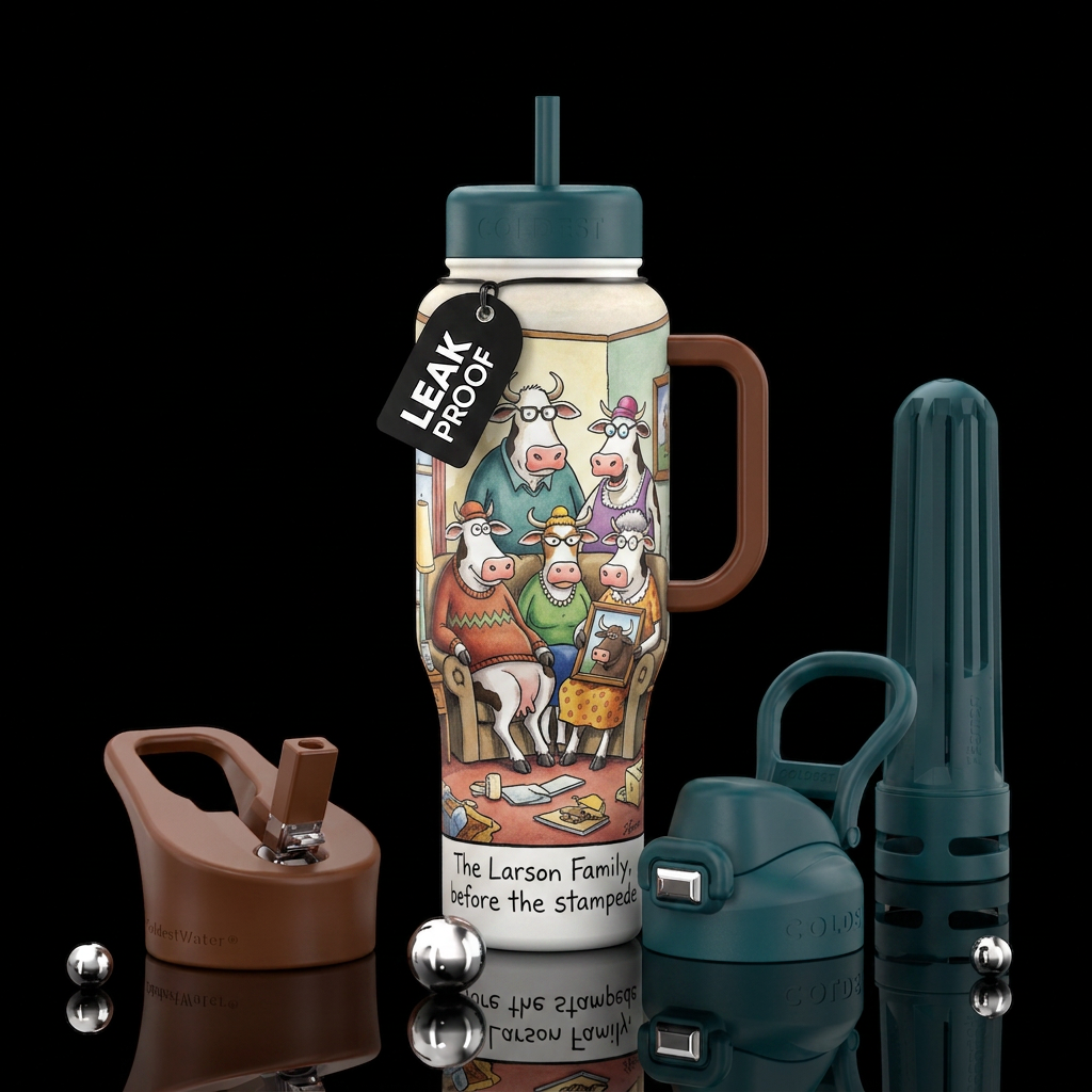 Family portrait of cows, in the style of The Far S... water bottle design