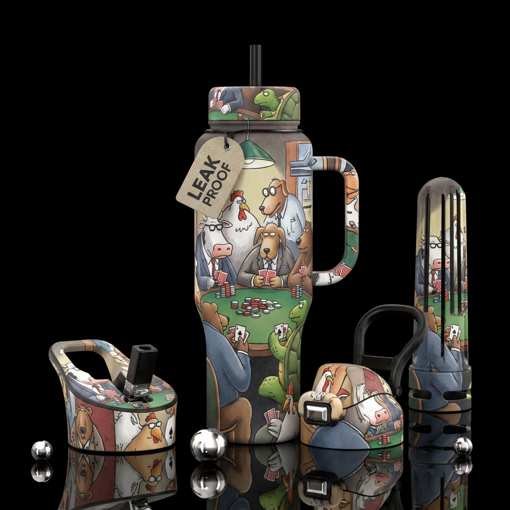 Animals playing poker in the style of The Far Side water bottle design