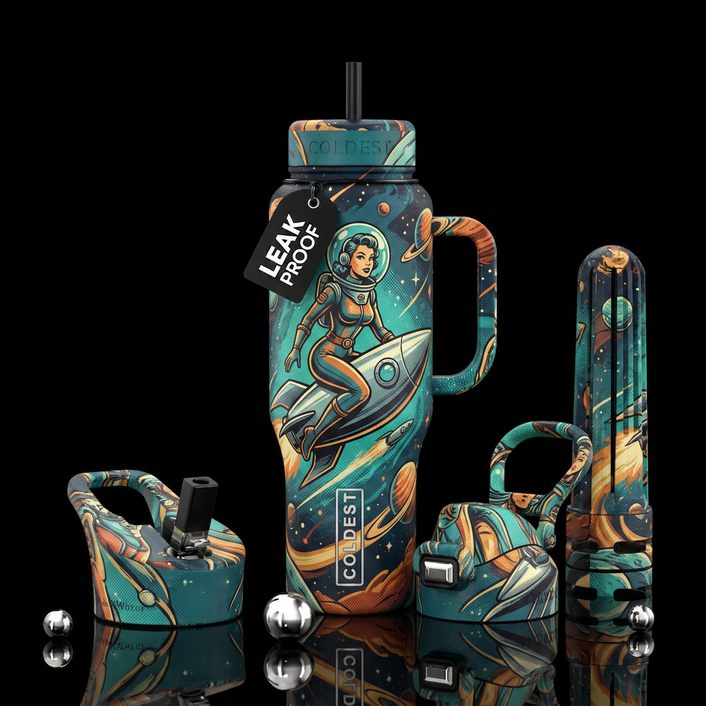 Woman riding a rocket in space circa 1950's sci-fi water bottle design
