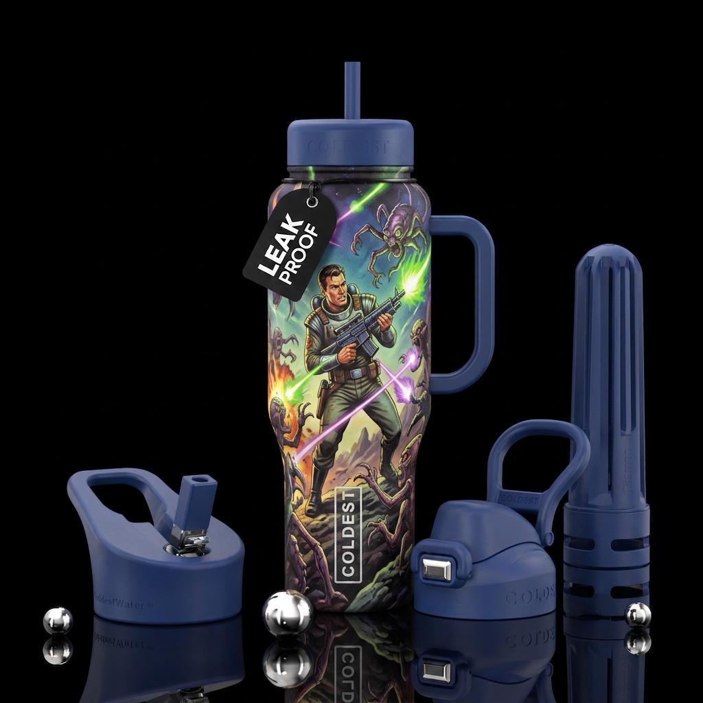 Man fighting aliens circa 1950's sci-fi water bottle design