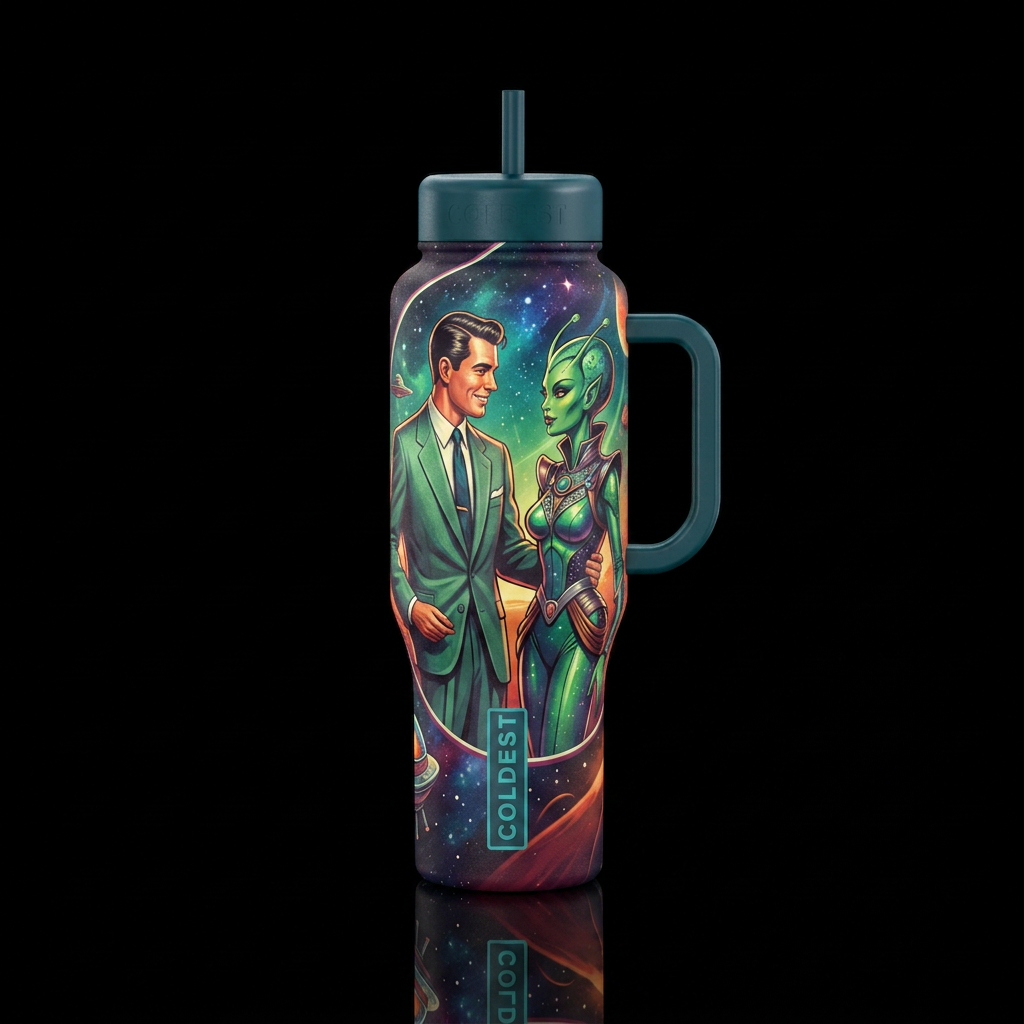 Man flirting with alien woman circa 1950's sci-fi water bottle design