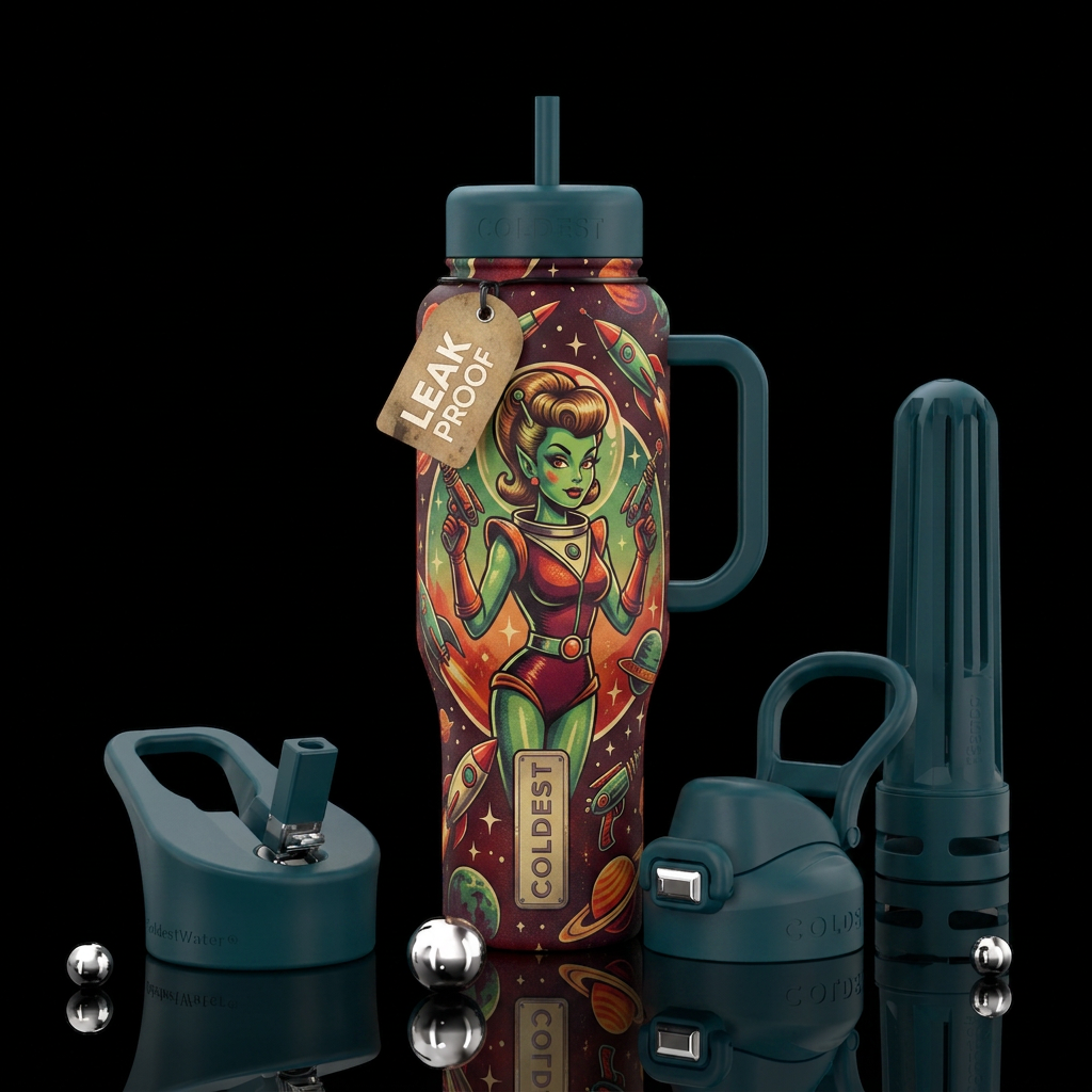 Sexy alien woman circa 1950's sci-fi water bottle design