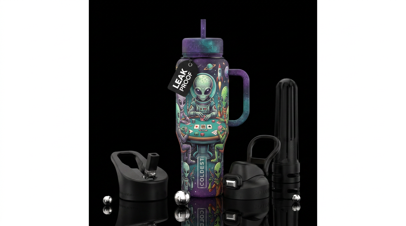 Aliens playing poker circa 1950's sci-fi water bottle design