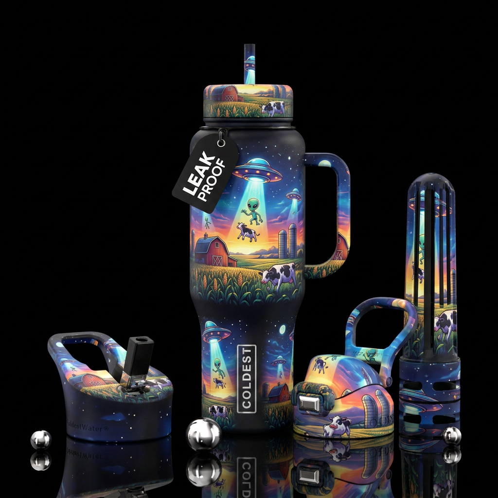 Aliens kidnapping a cow from a Midwest farm water bottle design