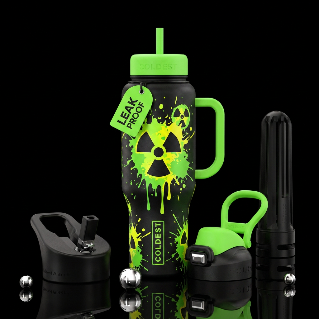 Radioactive warning with splatter water bottle design
