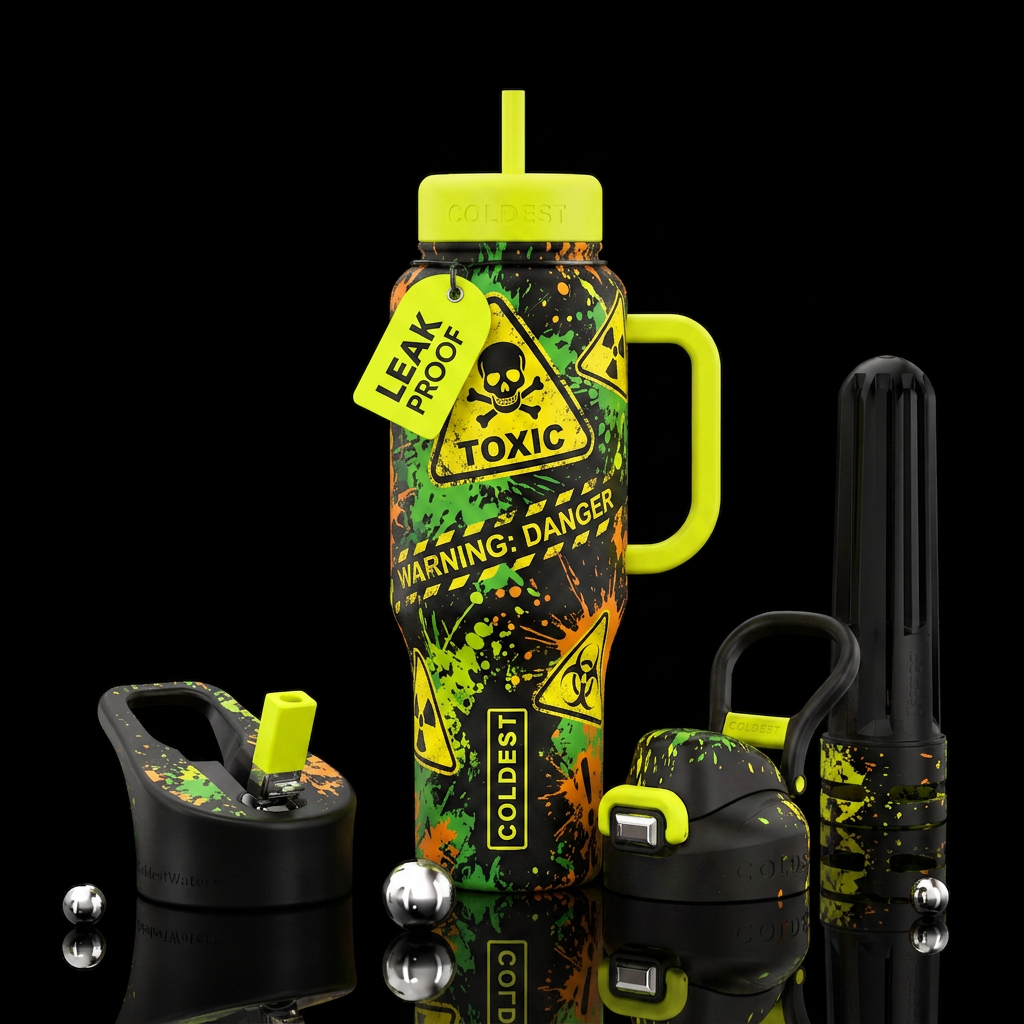 Toxic Warning with splatter water bottle design