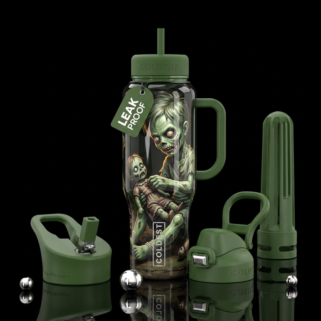 Zombie child playing with a doll water bottle design