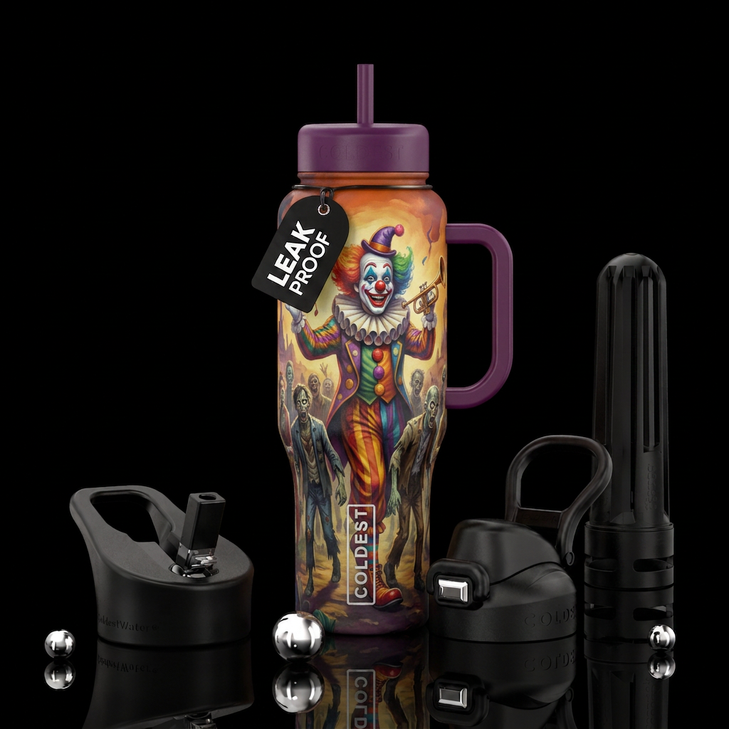 Happy clown leading zombies water bottle design