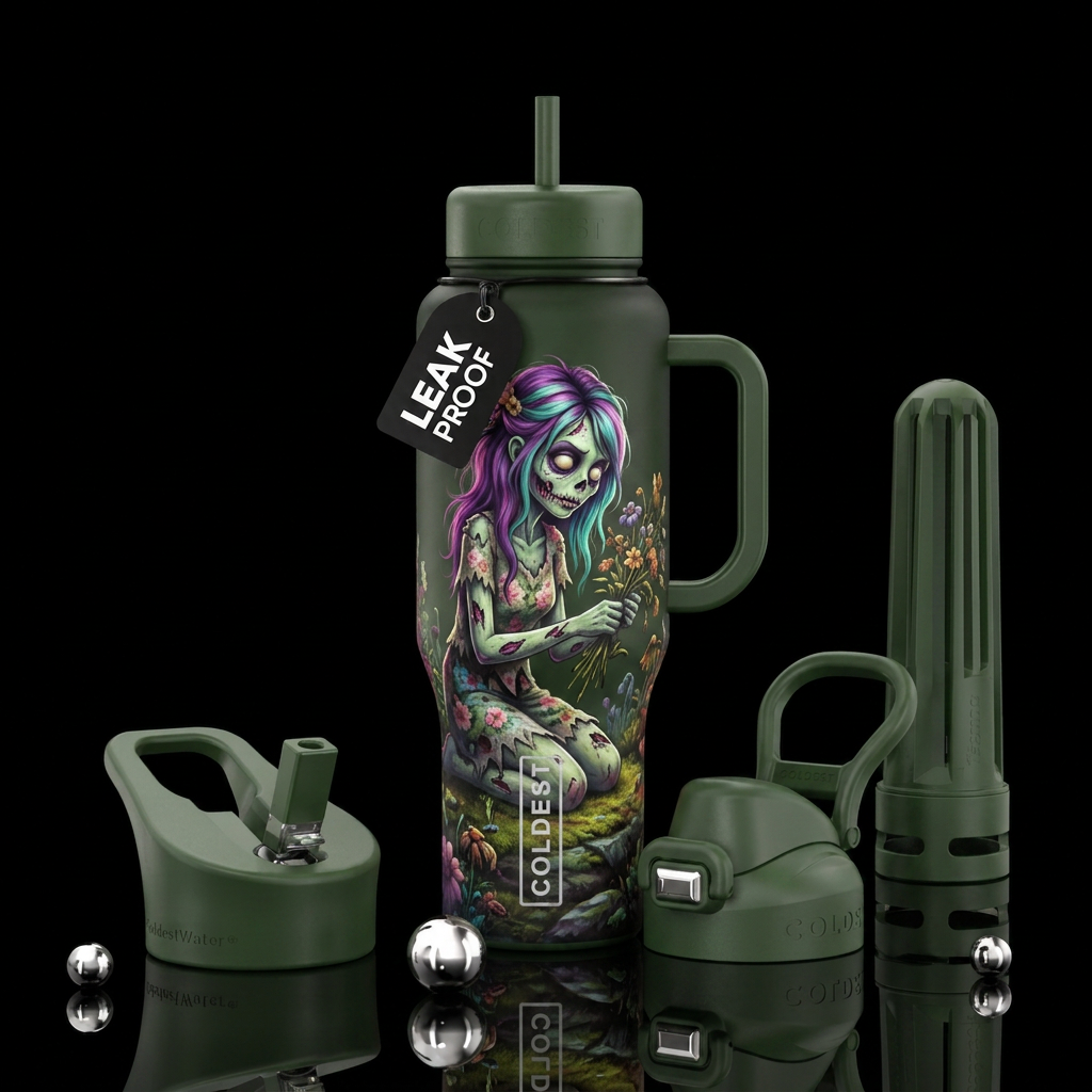 Zombie girl picking flowers water bottle design