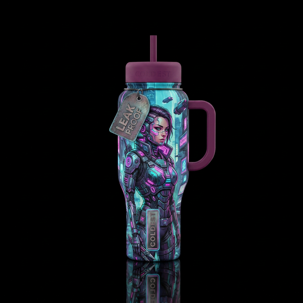 Female cyberpunk circa 2180 water bottle design