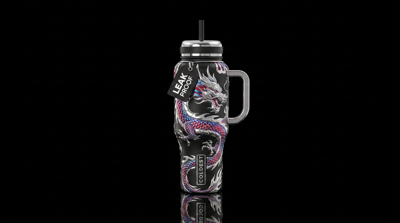 Chrome Dragon on black background water bottle design