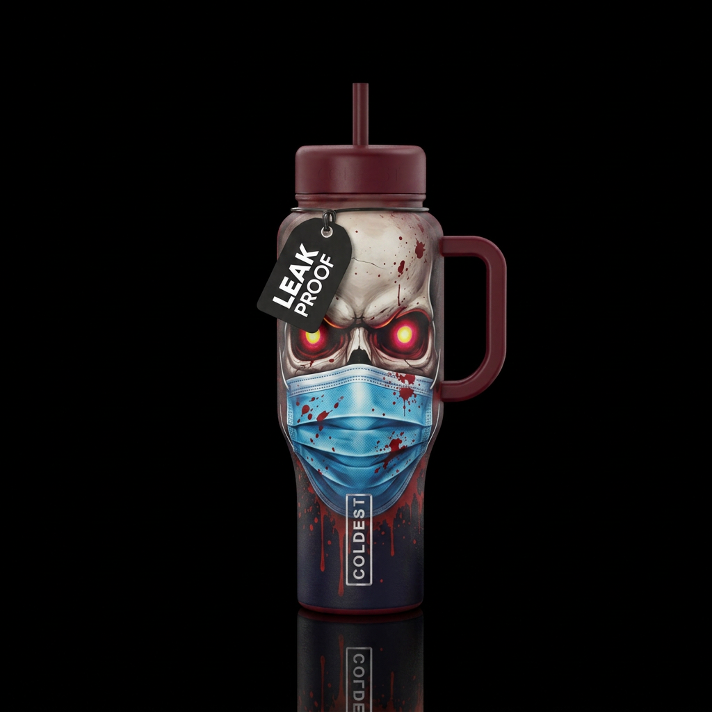 skull with glowing eyes in medical mask with blood... water bottle design