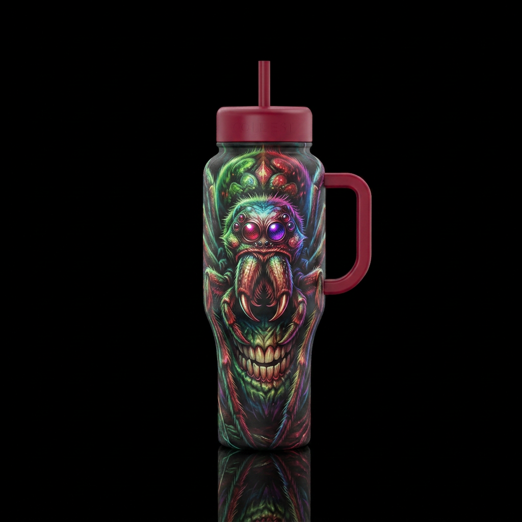 Horror Grinning Spider water bottle design
