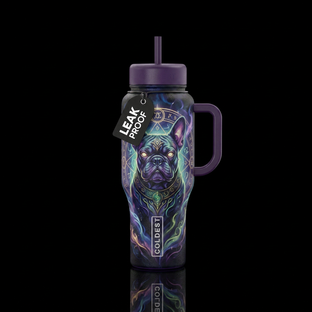 Evil French Bulldog with mystical powers water bottle design