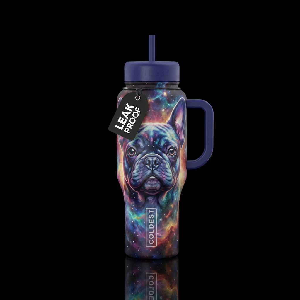 Mystical French bulldog surrounded by nebula water bottle design