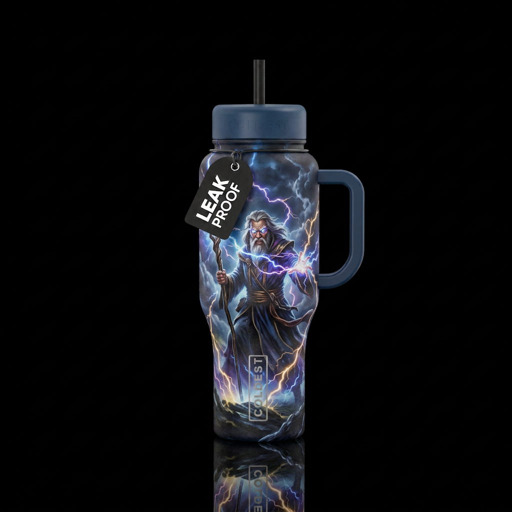 Angry Wizard in lightning storm water bottle design