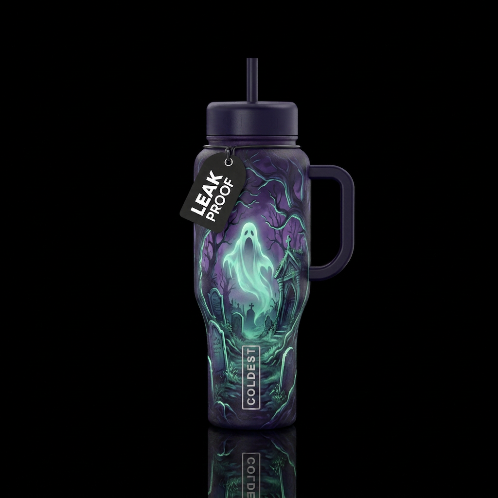 Glow in the dark ghost in graveyard water bottle design