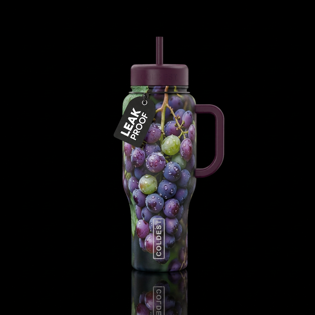 Bunch of plump wet grapes water bottle design