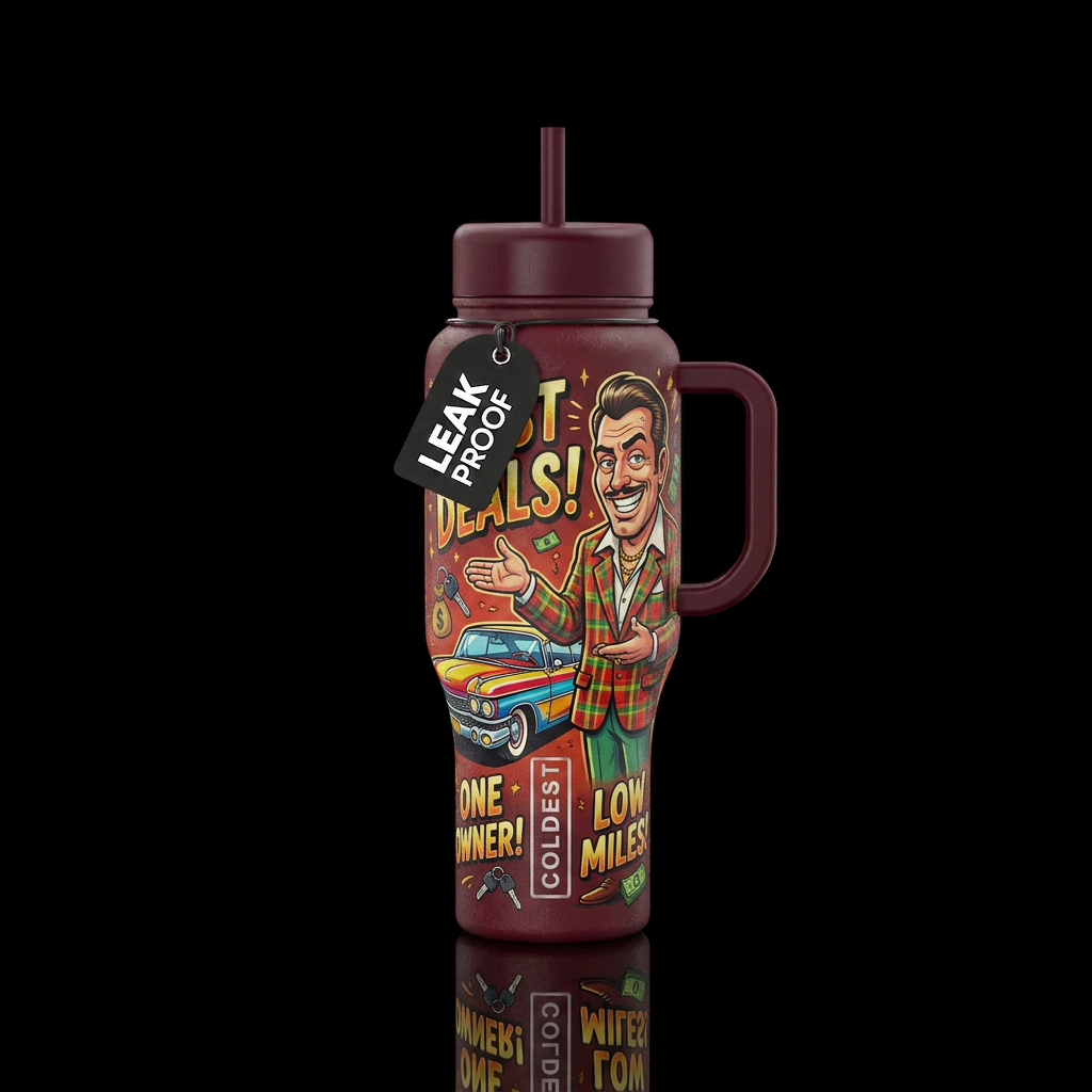 Used car salesman water bottle design