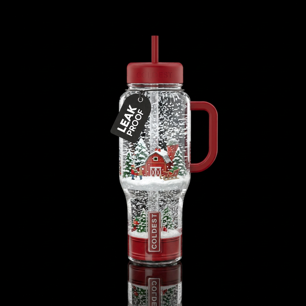 Snow globe where the bottle is the globe water bottle design