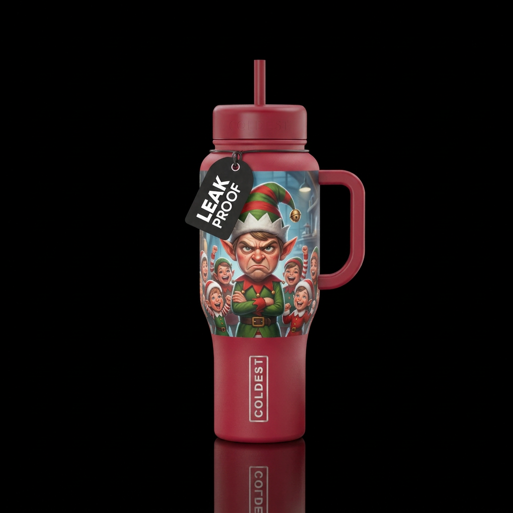 Grumpy Christmas elf surrounded by excited childre... water bottle design