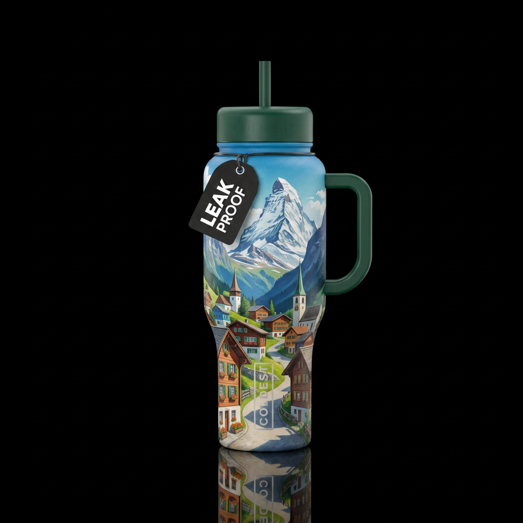 Small village Nestled in the Swiss alps water bottle design