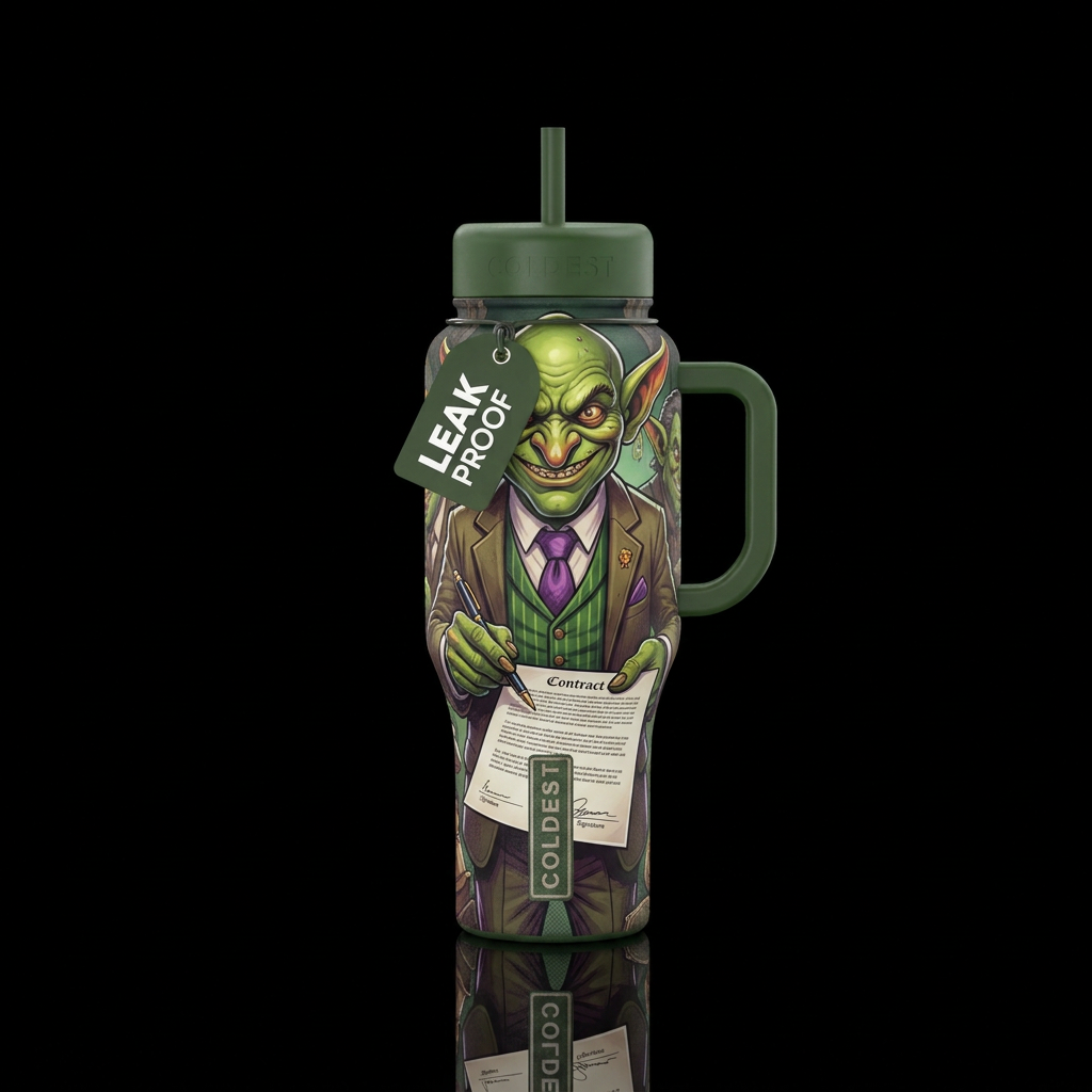 Goblin wearing a 3 piece suit offering a document ... water bottle design