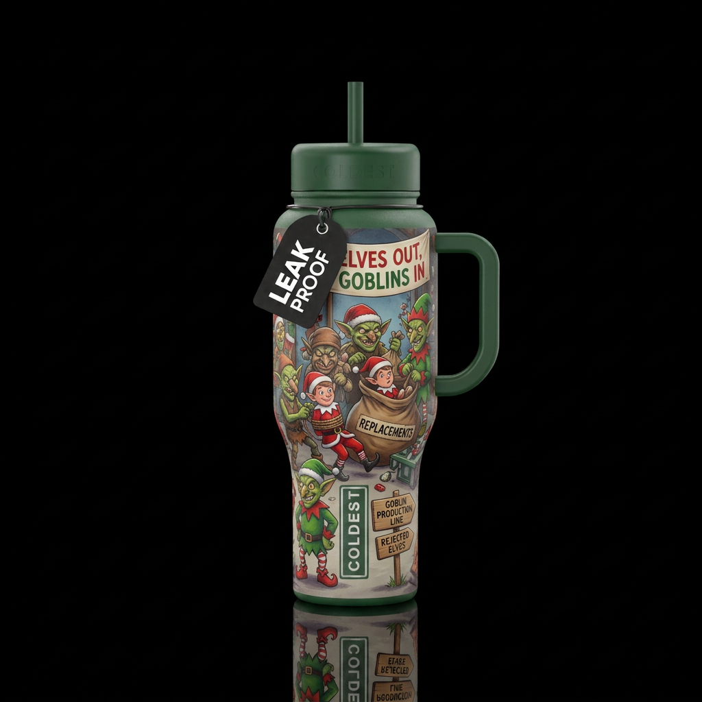 Goblins trying to replace Santa's elves water bottle design