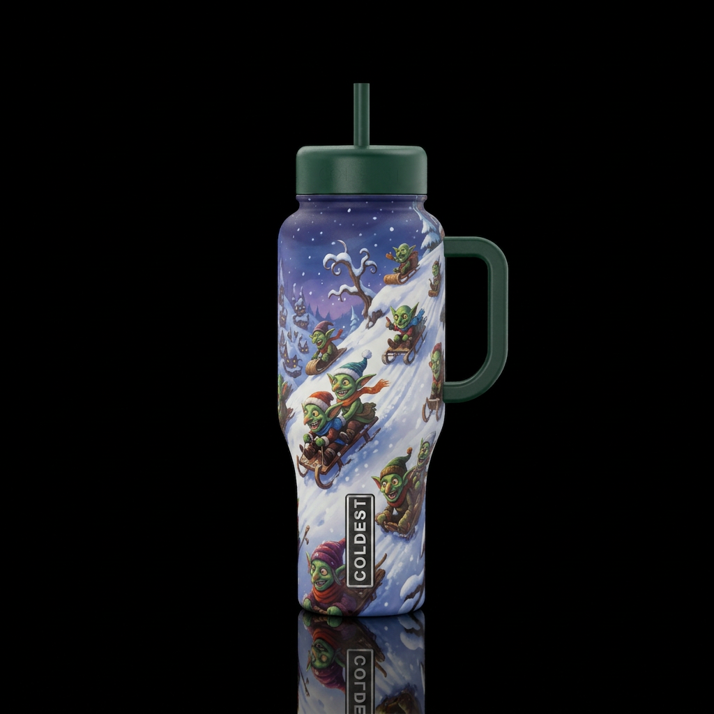 Goblins sledding down a snowy hill water bottle design