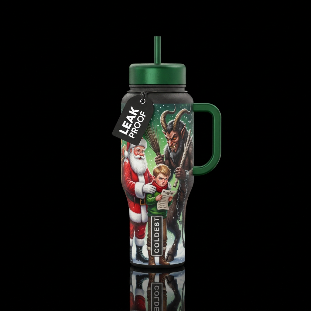 Santa handing naughty child to Krampus water bottle design