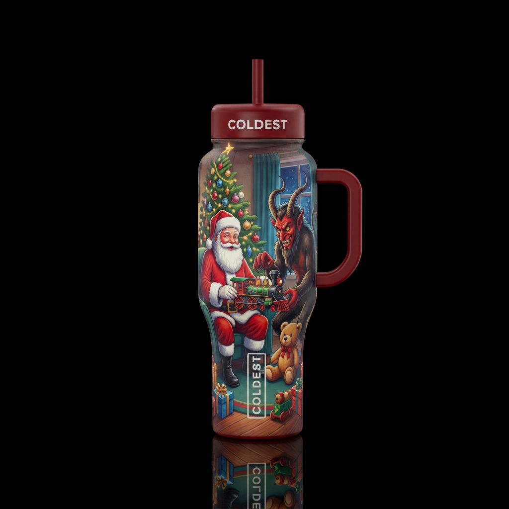Santa and Krampus playing with newly opened toys i... water bottle design