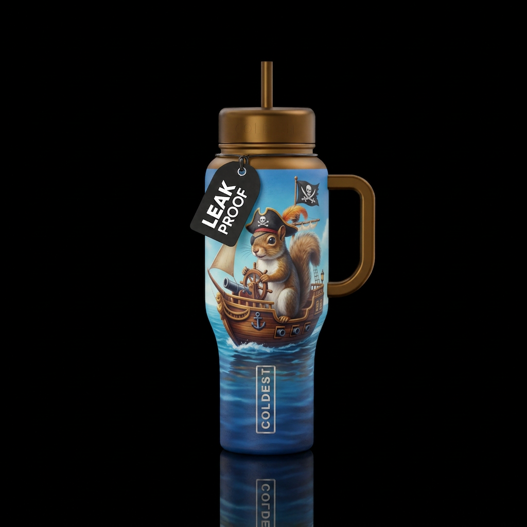 Pirate Squirrel sailing a toy pirate ship water bottle design