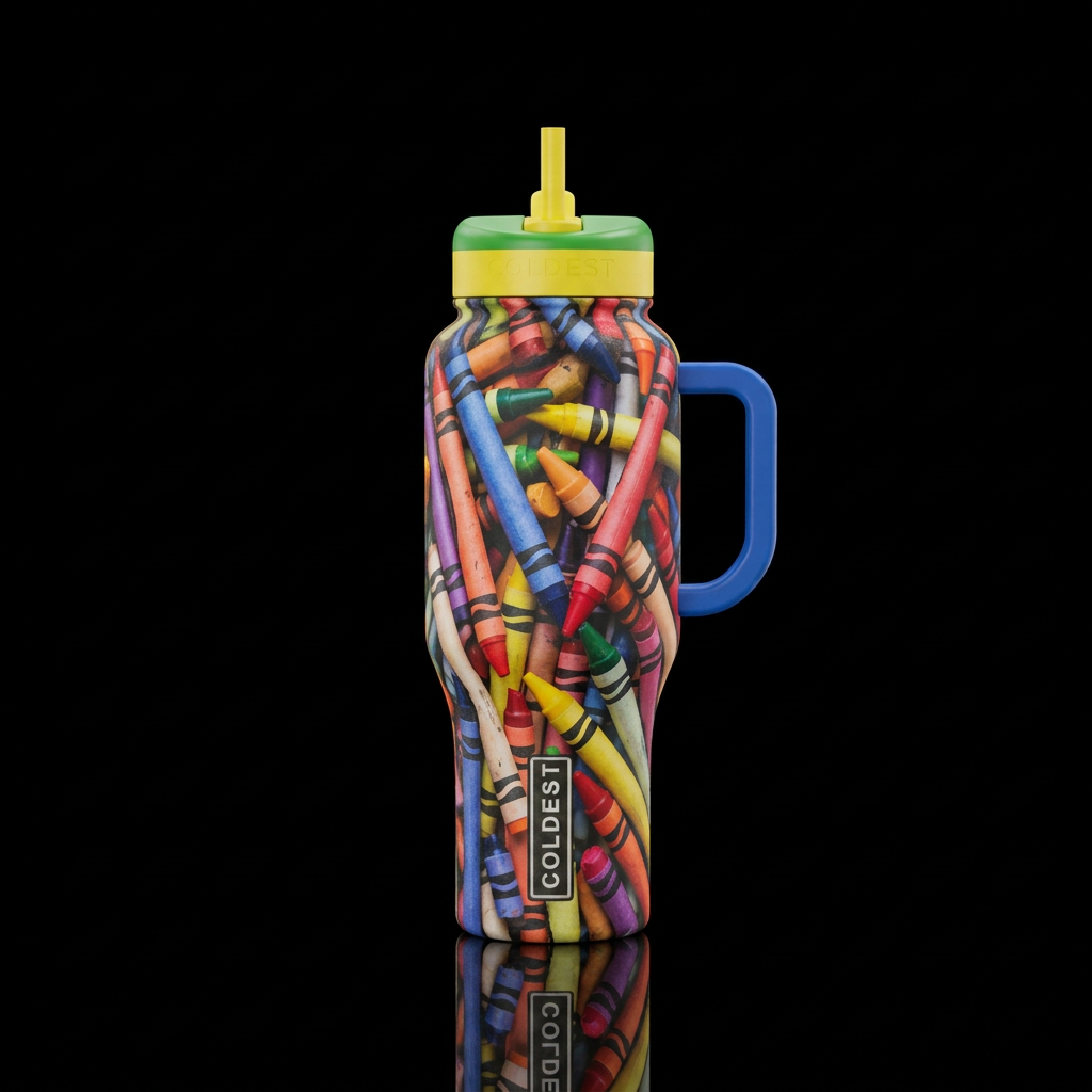 Crayons in various stages of wear filling up the b... water bottle design